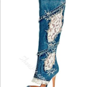 Shoespie Sexy Denim Flower Print Knee High Boots